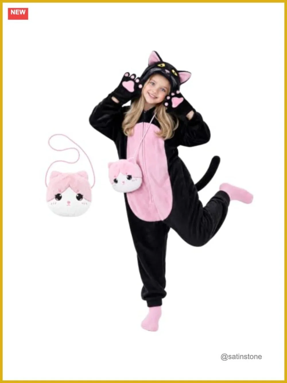 Black Cat Onesie Costume with Gloves & Purse for Girls Halloween Cosplay